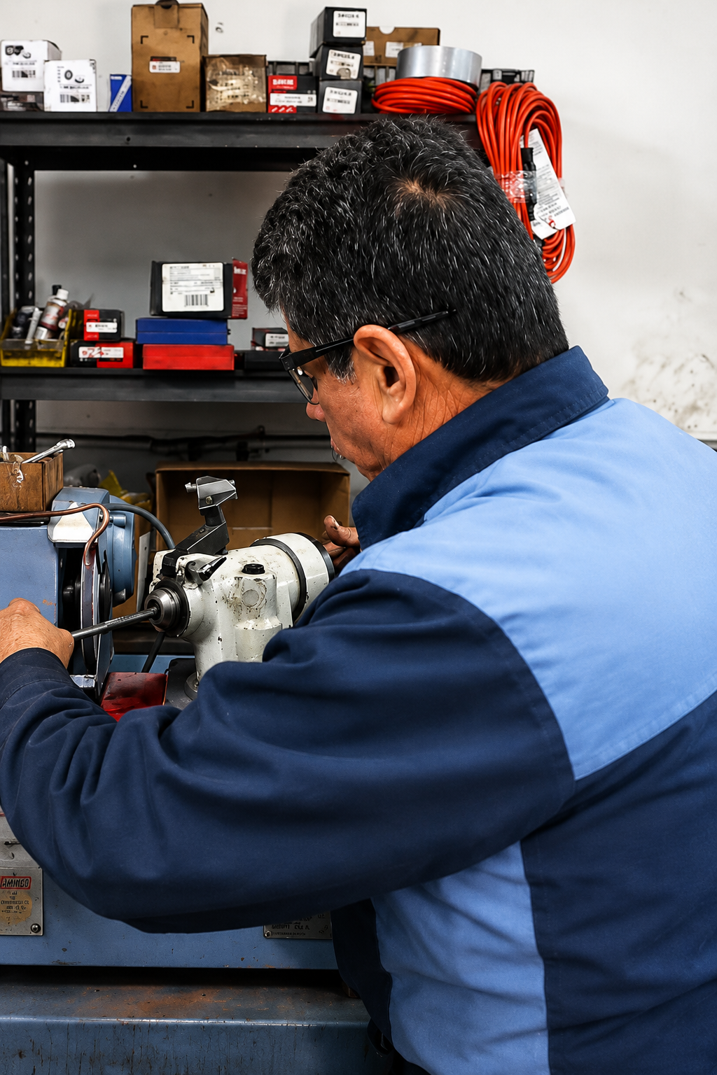 Jaime working at the machine shop at MJM Engines